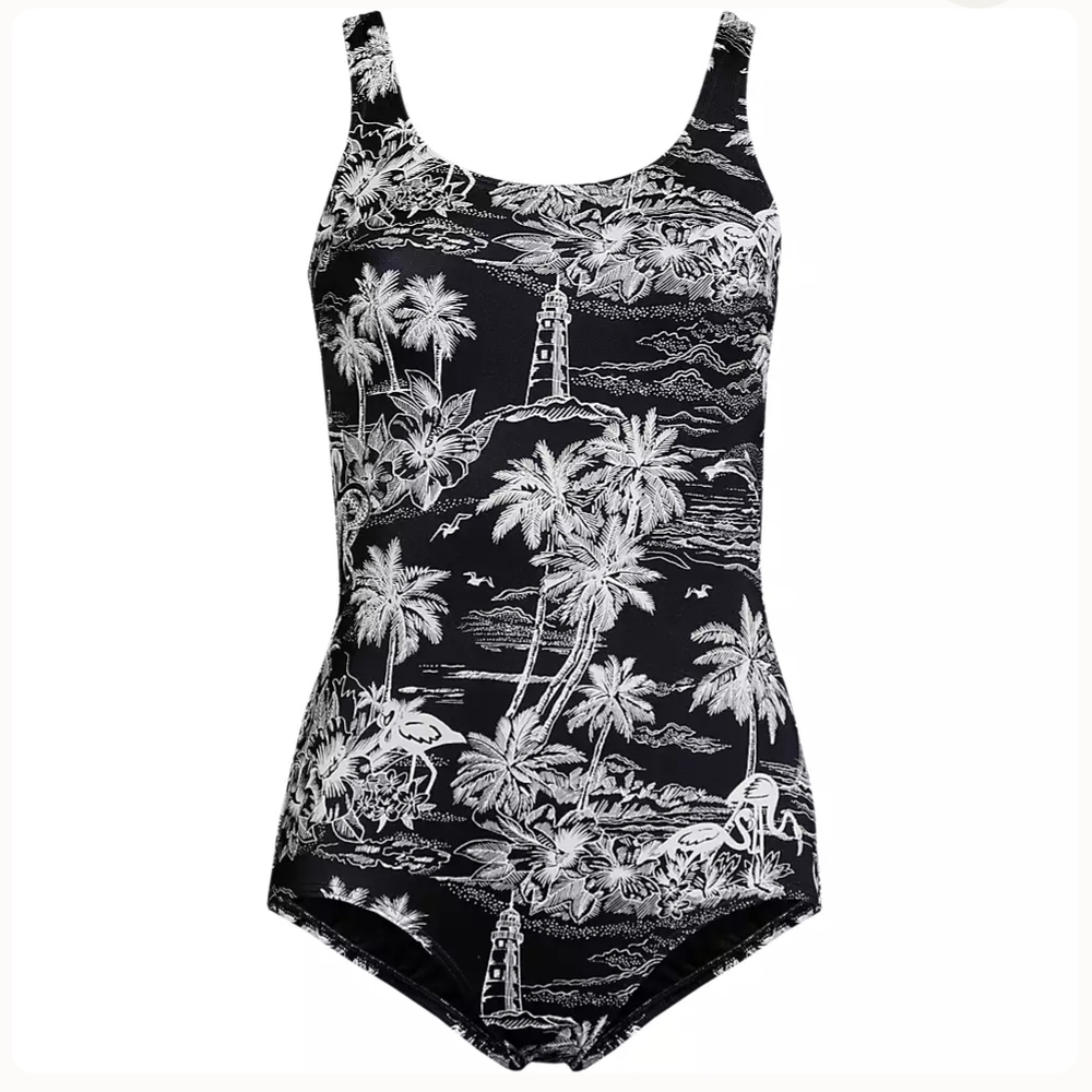Lands End Tugless Low Leg One Piece Swimsuit 18D Floral UPF 50 Soft Cup NEW